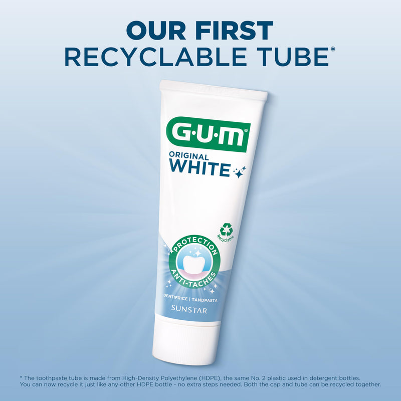 GUM Original White Toothpaste, Restores the Original White of the Teeth, Fluoride and Isomalt Protect the Enamel, 2 x 75 ml (with 1 Free Sample)
