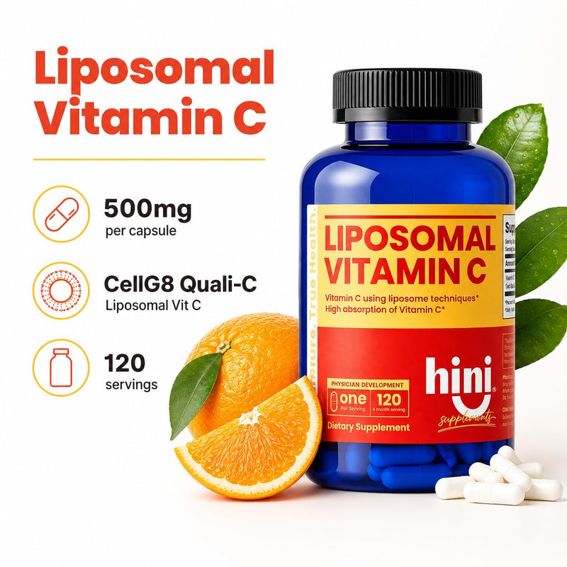 HINI Liposomal Vitamin C 500mg, High Absorption Vitamin C Supplement with CellG8 Quali-C, Daily Immune & Antioxidant Support, 1 Capsule Daily, 120 Servings