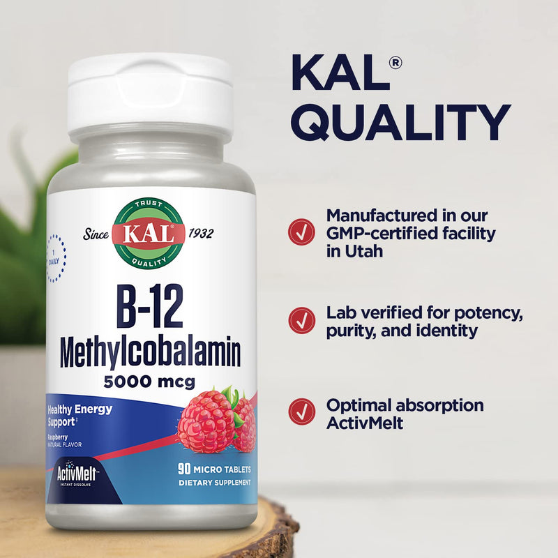 KAL Vitamin B12 Methylcobalamin 5000mcg, Healthy Energy, Metabolism, Nerve & Red Blood Cell Support,* Fast Dissolve ActivMelts, Optimal Absorption, Natural Raspberry Flavor, 90 Servings, 90 Micro Tabs | Cellular Energy, Metabolism, Nerve & Red Blood Ce...