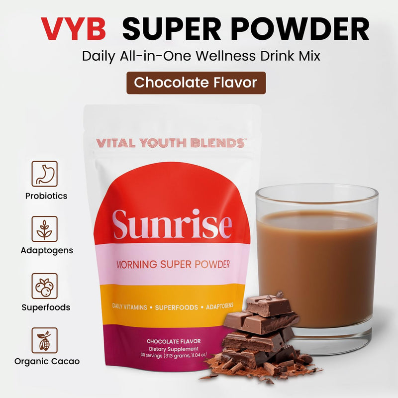 VYB All-in-One Super Powder with Vitamins, Superfoods, Probiotics, Functional Mushrooms, & DIM for Gut Health, Energy, Mood, Hormone Support & Wellness -Chocolate Flavor - 30 Servings