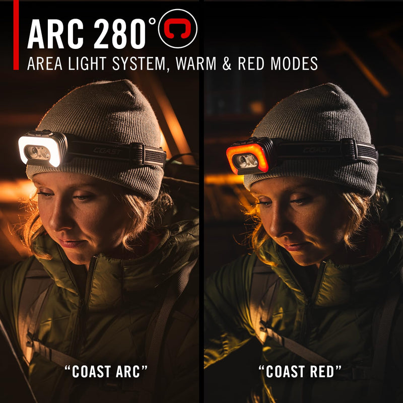 Coast RL35R Voice-Controlled 1100 Lumen Rechargeable LED Headlamp with ARC280™ Lighting, 4 Color Modes, Rear-Facing Safety Signal, Variable Light Control and USB-C Charge Port - BeesActive Australia