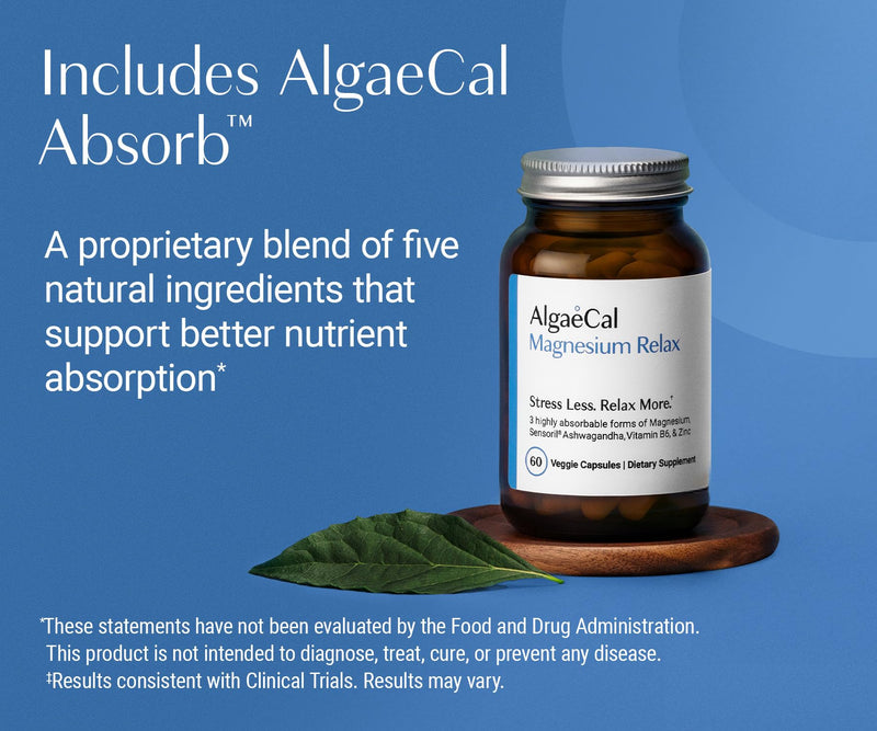 AlgaeCal Magnesium Relax for Sleep, Stress, & Cortisol, 60 Caps, 2 Packs | Chelated Magnesium Glycinate (350mg) with Sensoril® ashwagandha for sleep, stress, calm and cortisol support. Easy to swallow 60 Count (Pack of 2)