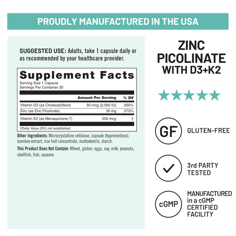 NatureWise Zinc Picolinate with D3 + K2 - Zinc Supplements for Men & Women + Vitamin D3 K2 - Supports Immune & Bone Health* - Non-GMO, Gluten Free, USA Manufactured - 30 Capsules[30 Day Supply] Unflavored 30 Count (Pack of 1)