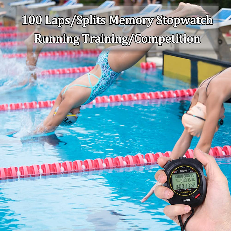 FCXJTU Digital Sports Stopwatch Timer 10/100 Lap Split Memory Stopwatch Calendar Alarm, Pace Mode with 3-Row Extra Large Screen Water Resistant Includes Battery, Lanyard for P.E Referee Coaches Lap100