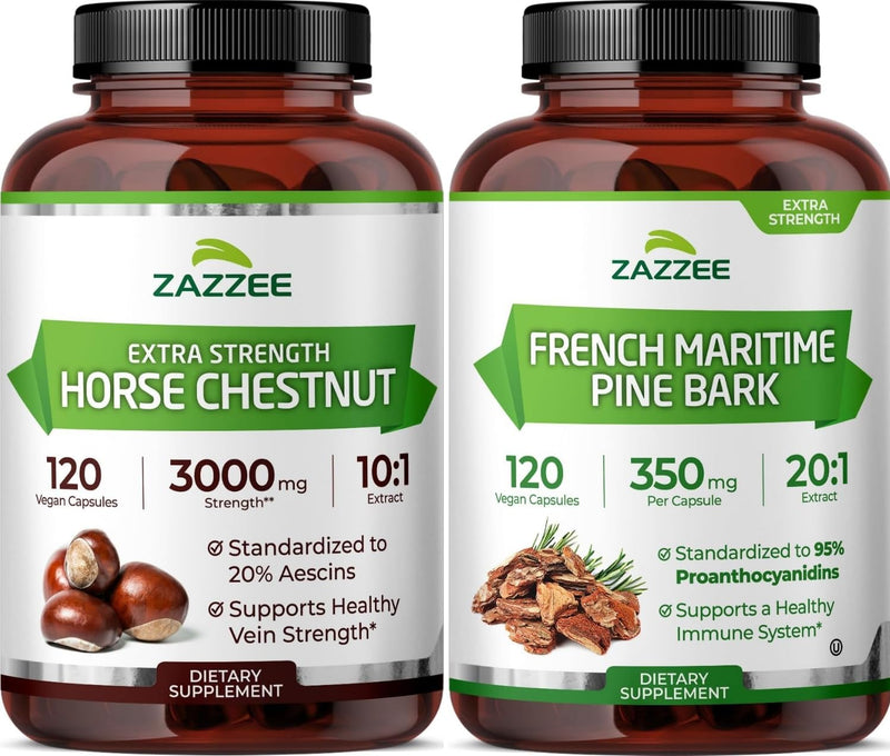 Zazzee Circulatory Support Bundle | French Maritime Pine Bark Extract Plus Extra Strength Horse Chestnut Supplement | Non-GMO Vegan & ISO Lab Tested (120 Servings Each)