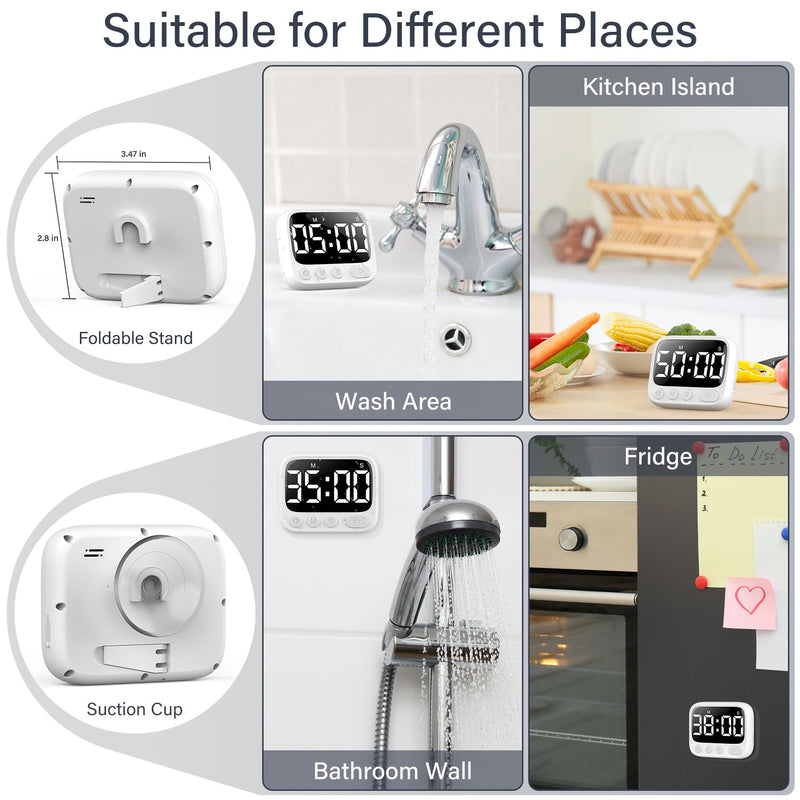 HAUKINIX Shower Timer Waterproof Bathroom Toilet Timer Digital Kitchen for Wall Mount, Study w/Foldable Stand, Countdown Stopwatch w/Suction Cup for Swim, Rechargeable, 2 Pack White - BeesActive Australia