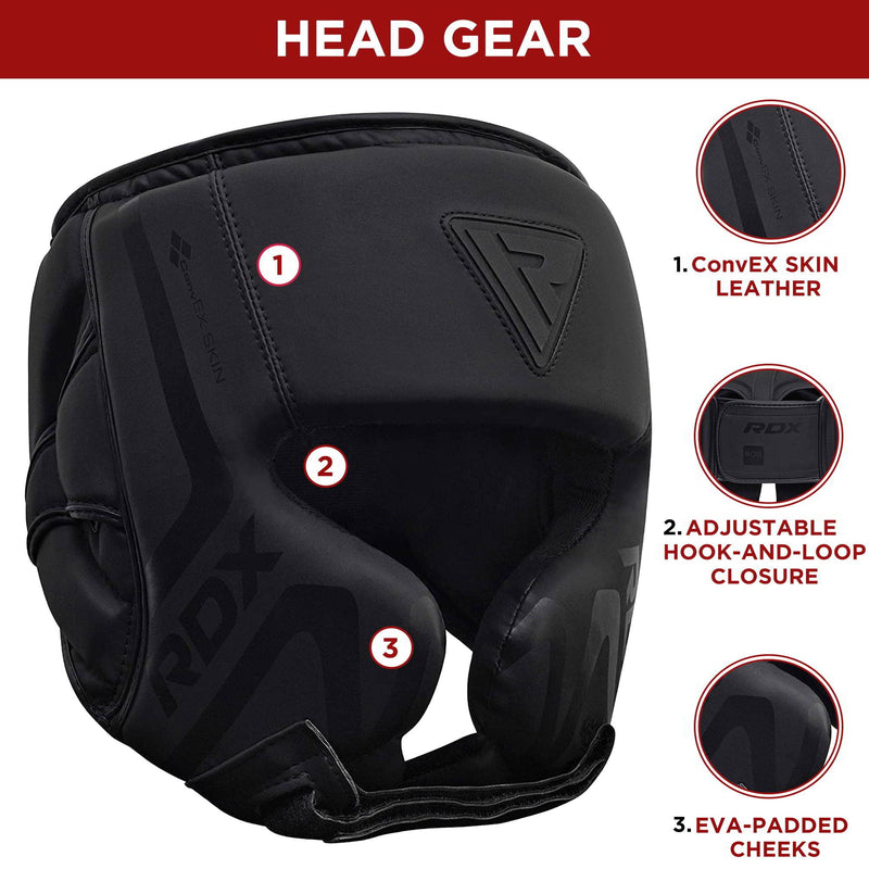 RDX Boxing Headgear Sparring Grappling, Maya Hide Leather, Head Gear for MMA Muay Thai Kickboxing Training, Multi Layered Padding, Taekwondo Martial Arts BJJ Wrestling Karate, Black Matte Black Small