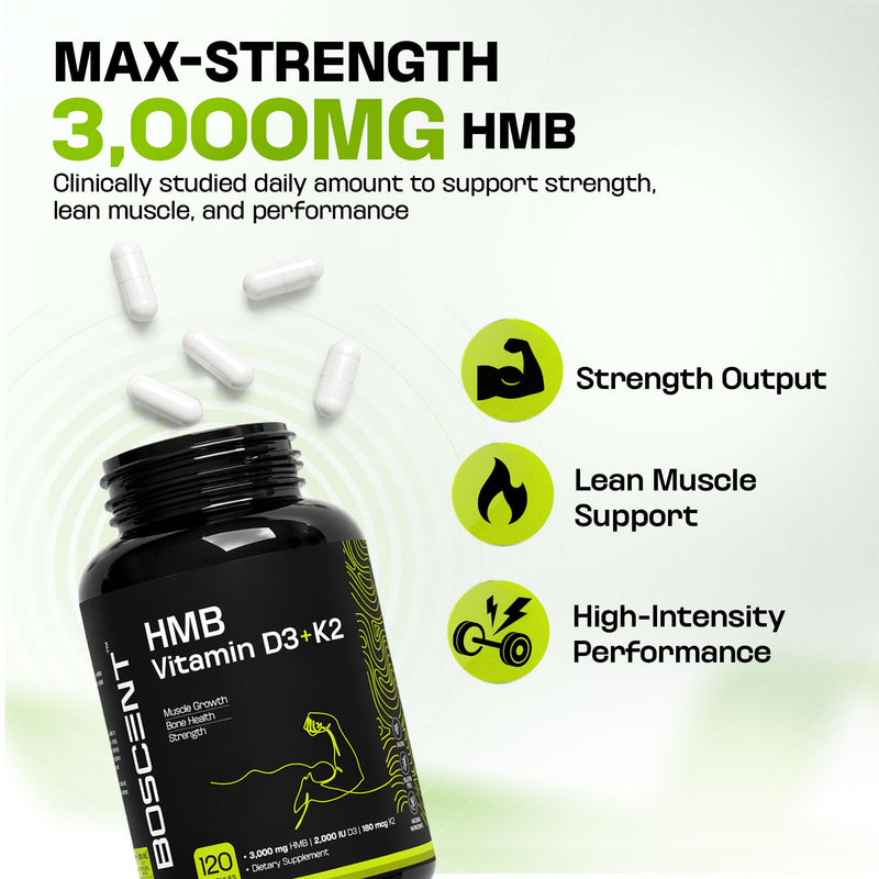 HMB 3000mg Supplement | Vitamin D3 K2 + Calcium | Muscle Recovery, Lean Muscle Support & Bone Health | Muscle Retention Support Supplement for Men & Women | Non-GMO | 120 Capsules