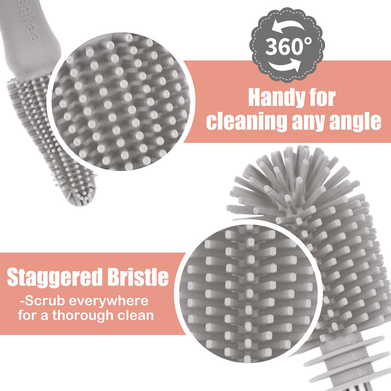 haakaa Cleaning Brush Silicone Bottle Brush Double-Ended Soft Silicone Bristles for Breast Pumps, Breast Milk Collectors, Baby Bottles, Teats, Breastmilk Storage Bags, Detachable - Grey, 1pk Gray - BeesActive Australia