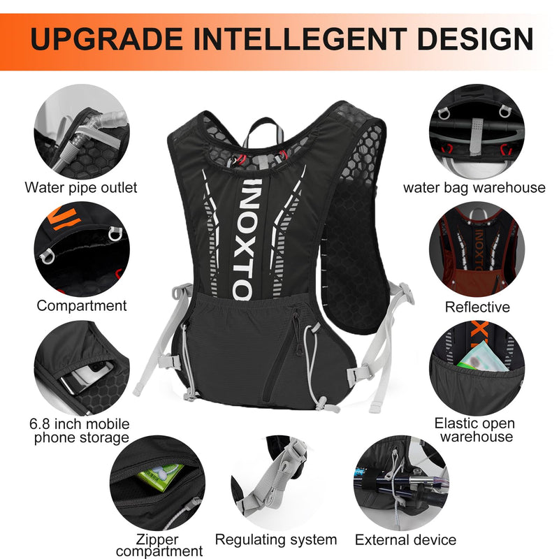 INOXTO Hydration Vest Backpack,Lightweight Water Running Vest Pack with 1.5L Water Bladder Bag Daypack for Hiking Trail Running Cycling Race Marathon for Women Men Black white