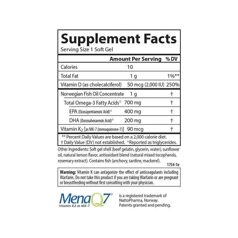 Carlson Elite Omega-3 Plus D & K, 700 mg, Omega-3s, Lemon, 60 + 30 Softgels | plus Vitamin D3 and K2 as MK-7 60 30 Soft Gels