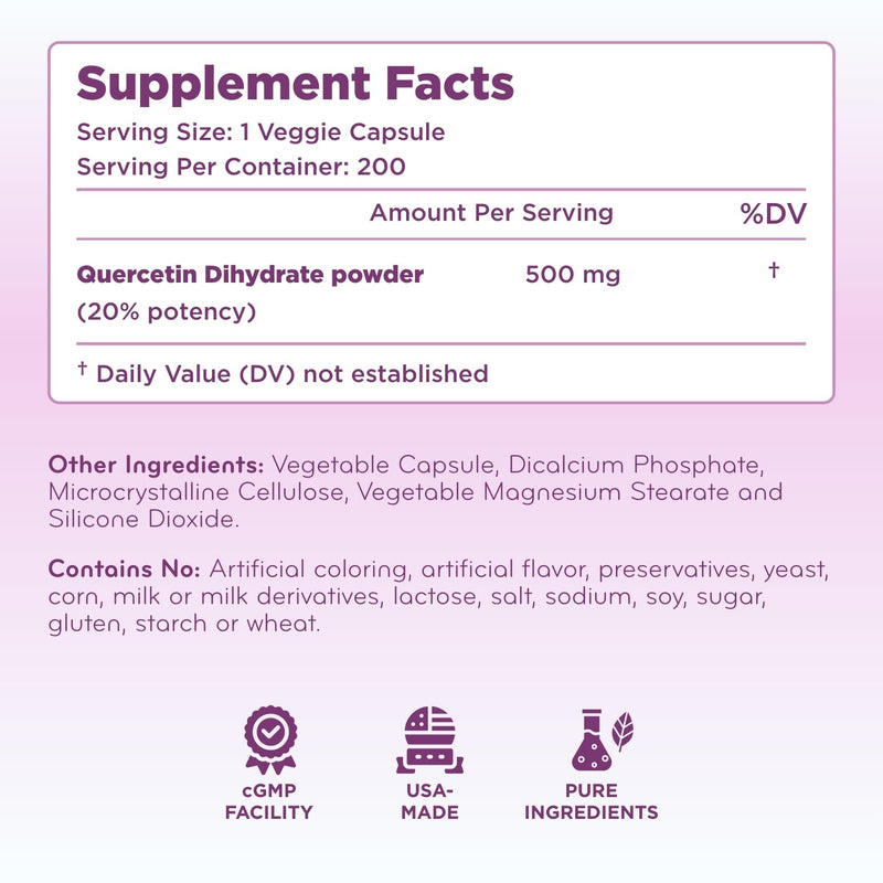 High Strength Quercetin 500mg Capsules - Quercetin Dihydrate Potent Flavonoid Antioxidant and Nutraceutical for Heart and Immune Support - Vegan Friendly - Made in a cGMP US Lab (200 Servings)