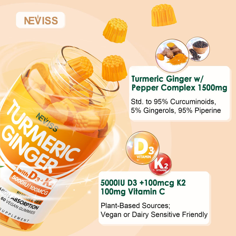 Turmeric Ginger Gummies 1500mg w/Vitamin D3 K2, Sugar Free, Vegan, 60ct | Organic Turmeric Curcumin Gummy for Women & Men with 5000IU D3 Vitamin & MK-7, Immune & Digestive Support, Mango Flavor 60 Count (Pack of 1)