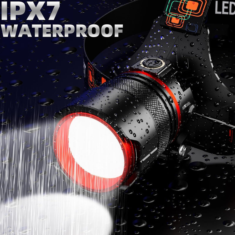 Rechargeable LED Headlamp 99000 High Lumens, Super Bright with 12 Modes & IPX7 Level Waterproof USB Rechargeable Zoom Headlamp, 125° Adjustable for Outdoor Camping, Running, Cycling, Climbing, Home
