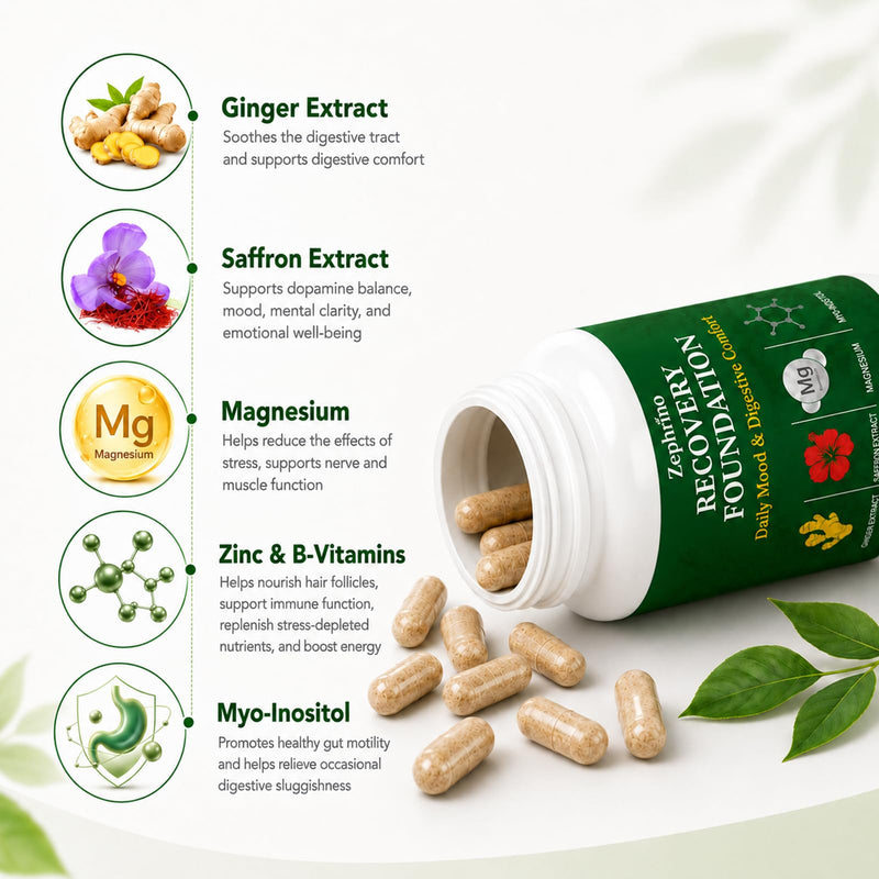 Zafira Organics Recovery Foundation Capsules – Mental Clarity, Hair & Mood Support, Natural Herbal Blend with Saffron Extract, Ginger Extract, L-Theanine, Myo-Inositol – Non-GMO, 90 Capsules