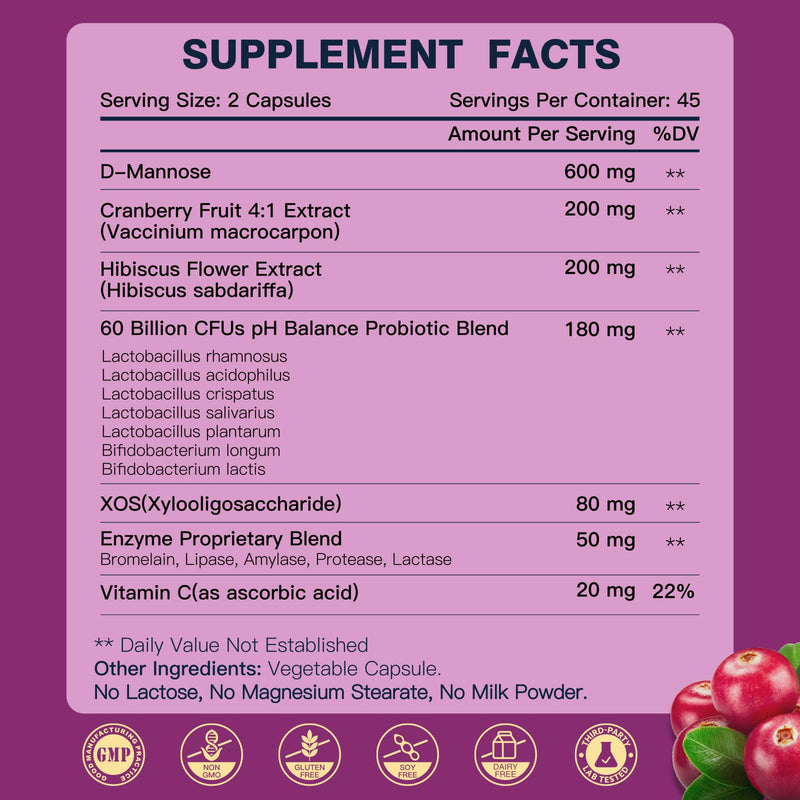 DRFOSTER Urinary Tract Health for Women, Vaginal Probiotics for Women pH Balance with D-Mannose, Cranberry, Probiotics and Prebiotics for Digestive Helath 90 Veggie Capsules 90 Capsules - BeesActive Australia