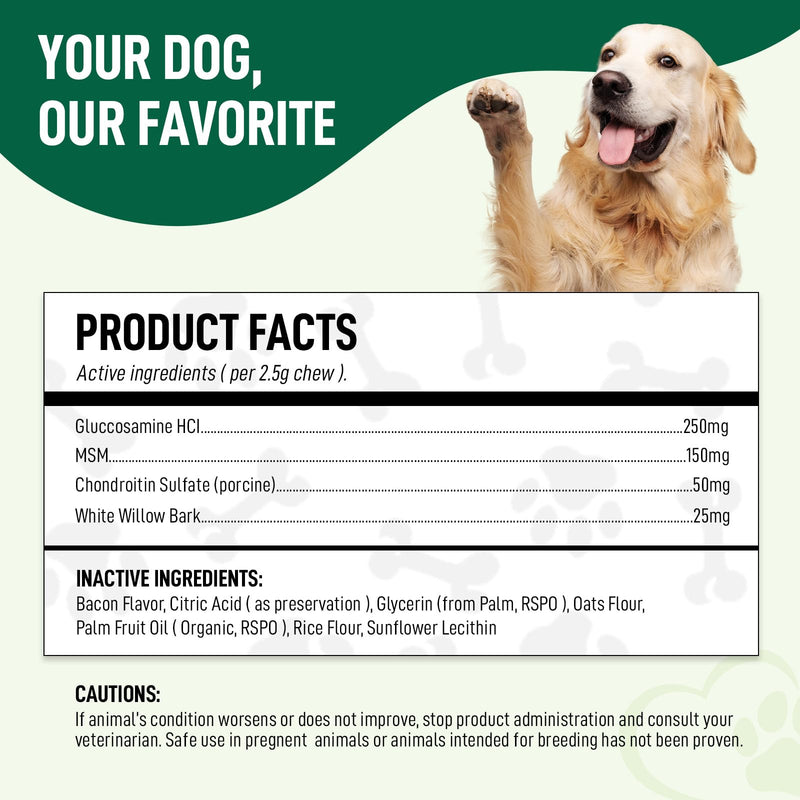 Hip & Joint Supplement for Dogs – 120 Soft Chews, Bacon Flavor | Glucosamine, Chondroitin & MSM for Mobility, Flexibility & Cartilage Support | for All Breeds