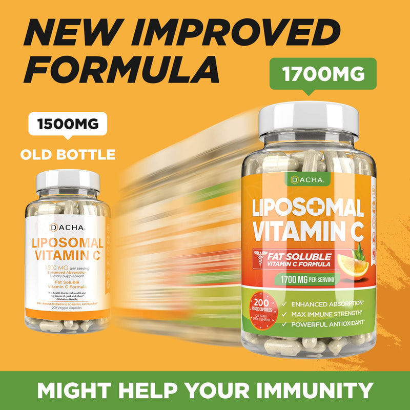 DACHA Natural Liposomal Vitamin C - 1700mg, 200 Capsules, Immune System & Collagen Booster, High Absorption Fat Soluble Vit C, Buffered, Skin Vitamins, Sunflower Lecithin - BeesActive Australia