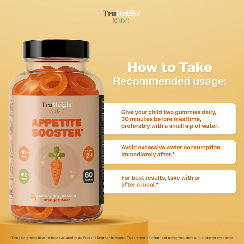 TruHeight Kids Appetite Booster Gummies (Orange, Ages 2+) All Natural Toddler & Kids Appetite Stimulant to Eat More - Weight Gain Supplements - Vitamins for Underweight Children - Picky Eater Vitamin 60 Count (Pack of 2)
