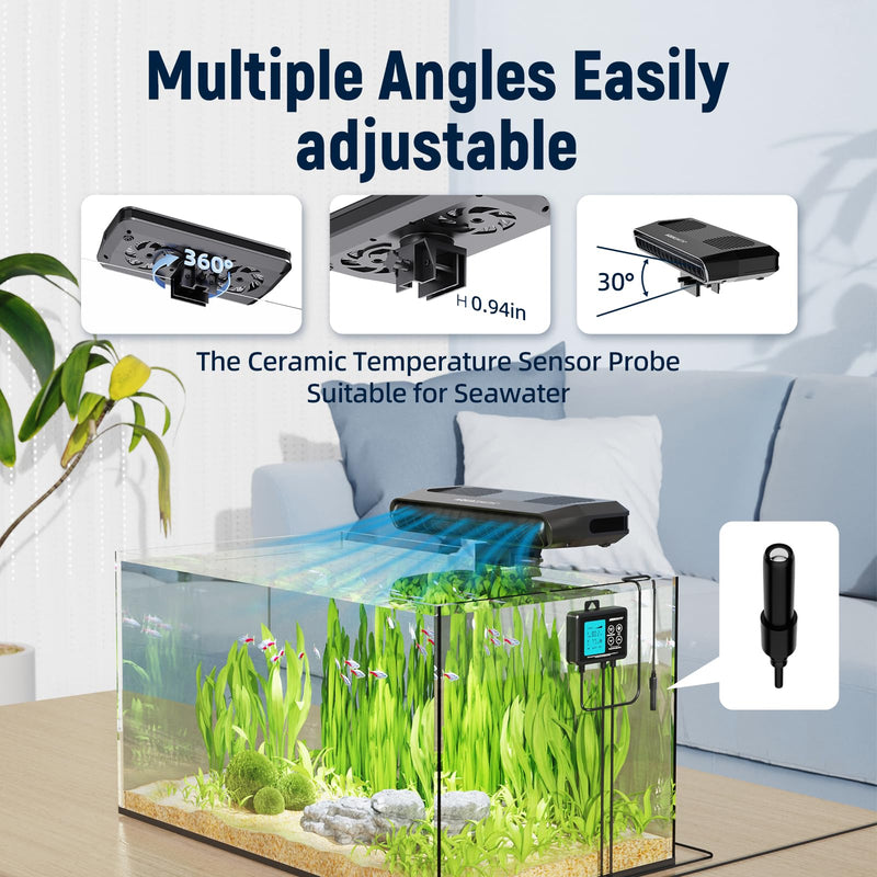 AQUASMITH Aquarium Chiller Fan,Fish Tank Cooler with Temperature Control,Minimum Setting 59℉,Auto Start/Stop,Refrigeration Effect 3-7℉,3-Speed Modes,for Axolotl Seawater Freshwater Coral Grass Tank Black