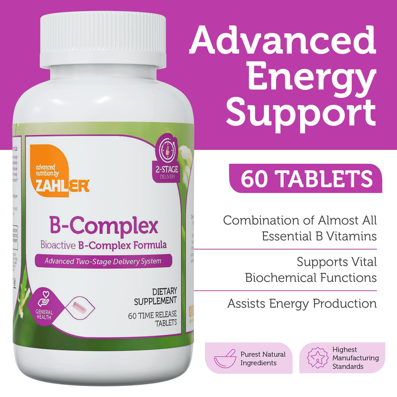 Zahler B-Complex Vitamins for Women & Men - Vitamin B Complex - B Vitamins Complex with B1 B2 B3 B5 B6 B7 B9 B12 - Advanced 2-Stage Delivery System - Gluten Free Kosher Non-GMO VIT B (60 Tablets) 60 Count (Pack of 1)