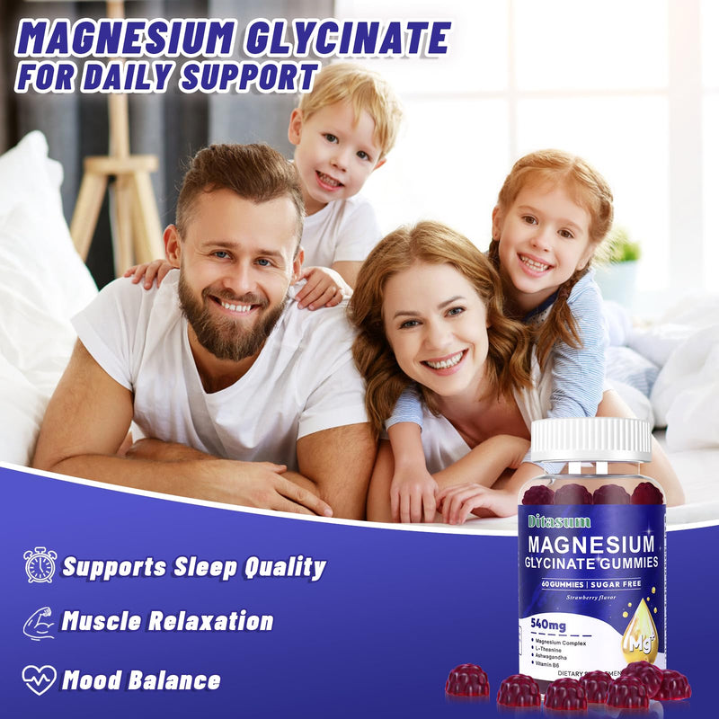 Magnesium Glycinate Gummies with L-Threonate, Vitamin B6, Ashwagandha 540mg per Serving, Sugar Free, Vegan, Relaxation & Nighttime Support, Strawberry Flavor, 60 Gummies 60 Count (Pack of 1)