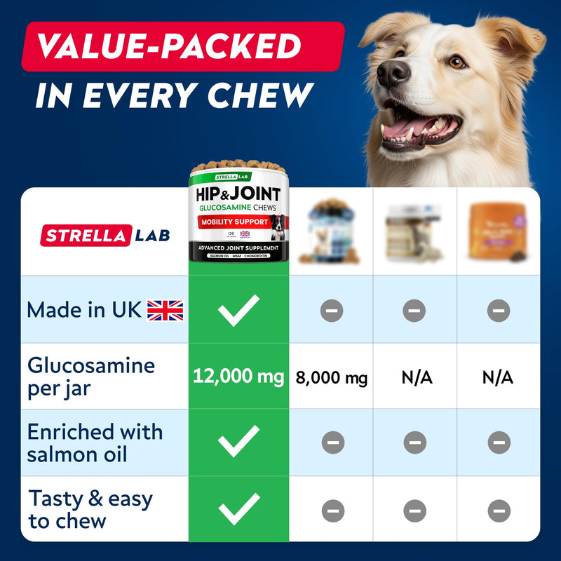 STRELLALAB - Treats Over Tablets! Advanced Dog Joint Supplement Chews - Hip & Joint Health Care with Glucosamine & Chondroitin - Made in UK - Senior & Adult - Dogs & Horses - 120 Count 120 Joint Treats