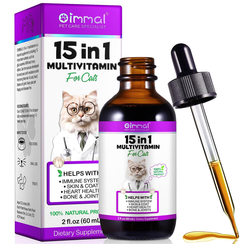 Cat Multivitamin, 15 in 1 Multivitamin for Cats, Cat Vitamins Liquid Supplements Drops for Hip & Joint, Skin & Coat, Immune, With Glucosamine and MSM
