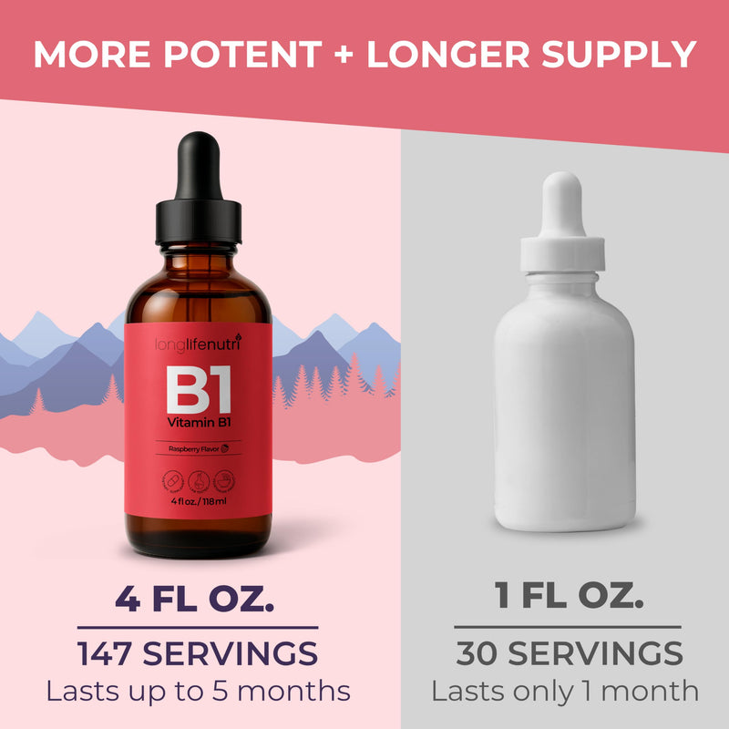LongLifeNutri Vitamin B1 Liquid Drops - Thiamine Mononitrate Supplement for Energy and Nerve Health, Fast Absorption, 4 FL OZ, 5-Month Supply, Lab Tested, Made in USA 4 Fl Oz (Pack of 1)