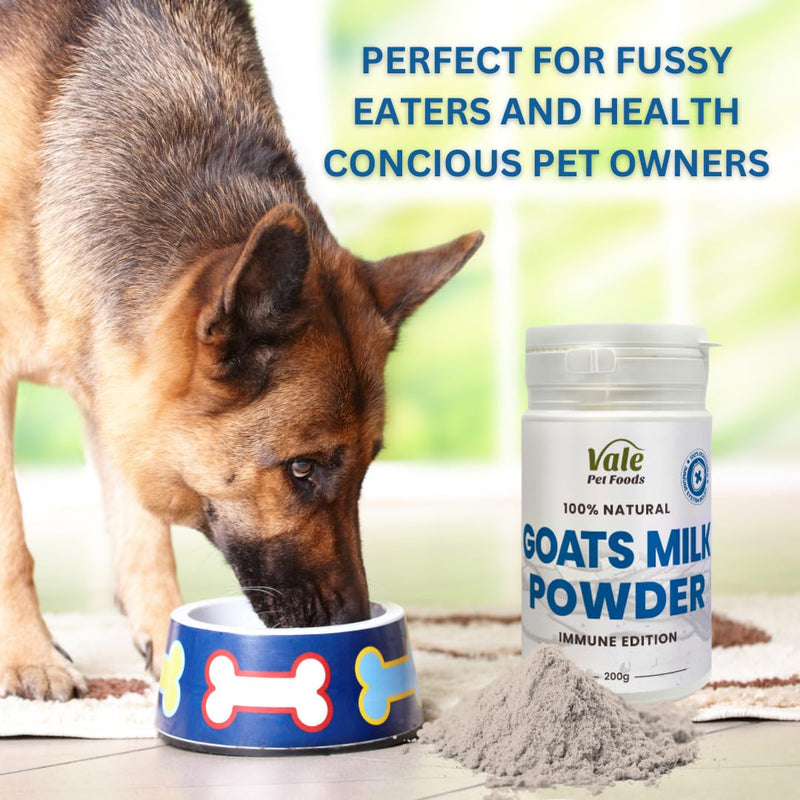 Whole Goats Milk Powder for Dogs 200g - Natural Dog Food Topper & Digestive Aid Supplement for Nutrition, Lick Mat & More - Sprinkle Dry or make into a Dog Milk - Vale Pet Foods