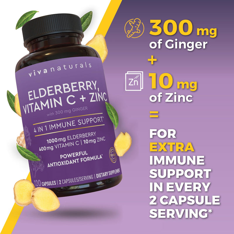 Viva Naturals Elderberry with Vitamin C and Zinc, 120 Capsules - 1000mg Sambucus Elderberry per Serving Immune Support Supplement, Black Elderberry Capsules for Adults, Elderberry Vitamins 120 Count (Pack of 1)