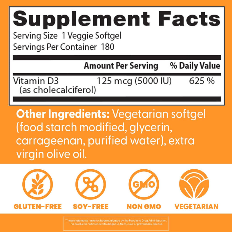 Doctor's Best Vitamin D3 5000 IU Softgels for Men & Women - Vitamin D Supplement for Immune System & Heart Health Support, 125 mcg per Serving, VIT D 3, Non GMO, Gluten Free - 180 Veggie Softgels 180 Count (Pack of 1)