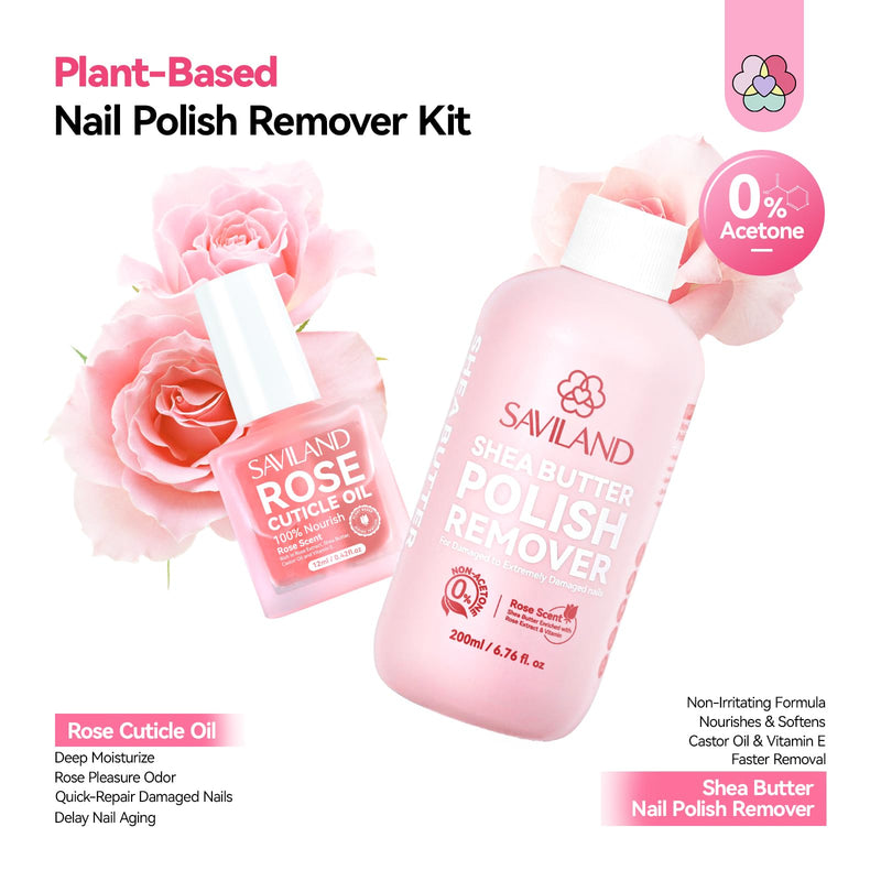 SAVILAND Plant-Based Nail Polish Remover Kit: 6.76 fl.oz Non Acetone Fingernail Polish Remover Shea Butter Nail Remover with Castor Oil VE Cuticle Oil & Nail Removal Tools for All Nail Polish Types Pink-1