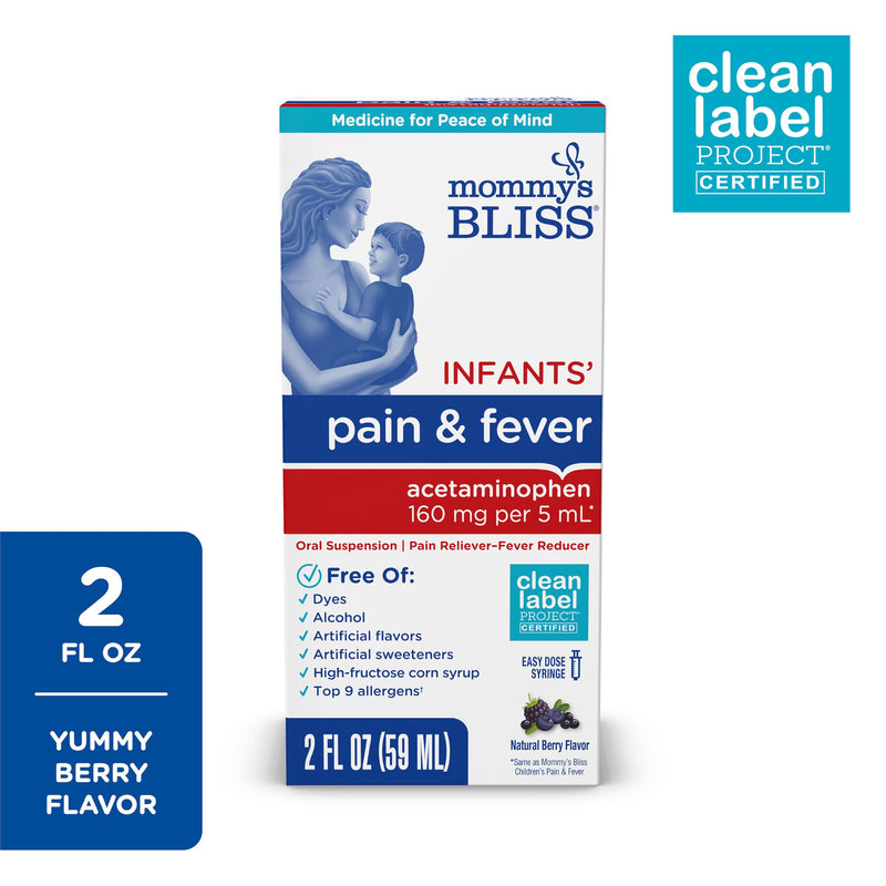 Mommy's Bliss Infants' Pain and Fever Reducer, Baby Acetaminophen, Dye Free, Delicious Mixed Berry Flavor, Ages 2+, 2 Fluid Ounces
