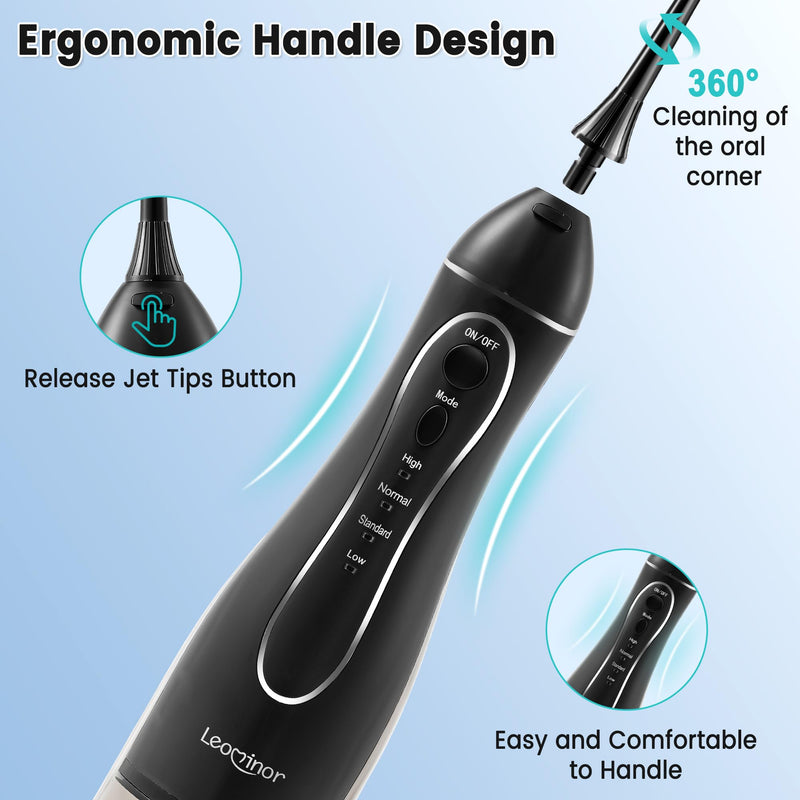Leominor Water Flosser Pick for Teeth, 300ML Portable Oral Irrigator Upgraded Tank Removable,IPX7 Waterproof, Rechargeable Travel Teeth Cleaner, Professional Electric Flossing Machine (Black) Black