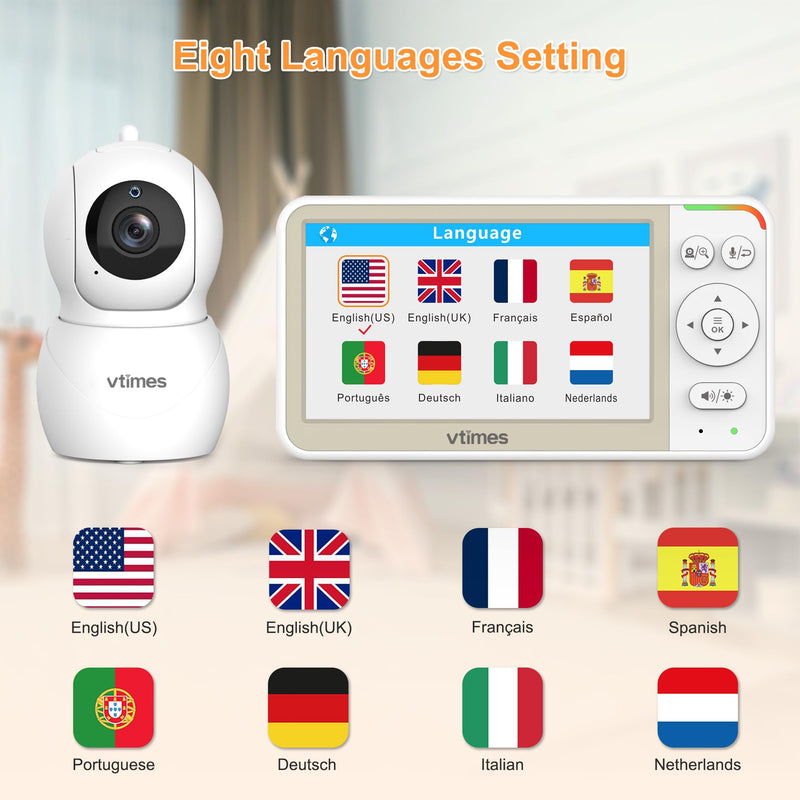 5'' Screen Video Baby Monitor with Camera and Audio, 4000mAh Baby Monitor No WiFi Remote Pan-Tilt-Zoom VOX, Two-Way Talk, Infrared Night Vision, Temperature Display, Alarm 8 Lullabies 1000ft - BeesActive Australia