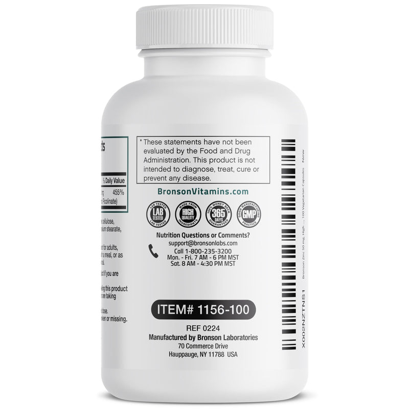 Bronson Zinc 50mg Complex (Zinc Oxide 50% & Zinc Picolinate 50%) High Potency Immune Support Supplement & Antioxidant and Skin Health - Non GMO, 100 Vegetarian Capsules 100 Count (Pack of 1) - BeesActive Australia