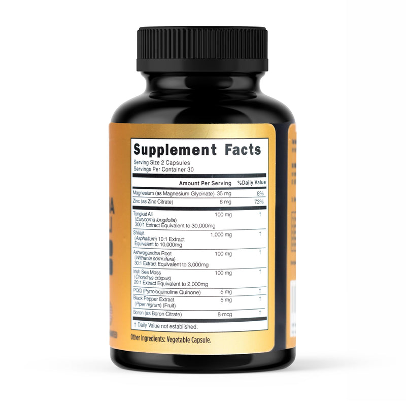 Shilajit 10,000mg, Irish Sea Moss 2000mg, Ashwagandha 3000mg, Tongkat Ali 30,000mg, Boron, Magnesium, PQQ & More | 60 Capsules - 30 Days Supply| Fulvic Acid Veg Capsules| Vegan| Gluten Free | Non-GMO - BeesActive Australia
