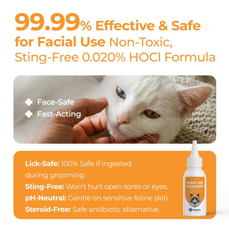 Feline Facial Therapy Solution Healing Aid & Skin Repair for Cat Acne, Eye & Ear Irritations, Chin Sores, Redness & Allergies | Gentle Non-Toxic HOCl Drops | 3.38 fl oz