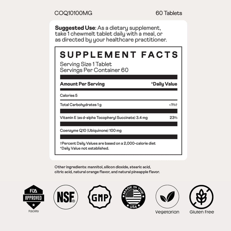 Nuray COQ10 100mg and Vitamin E Chewable Tablets - Quick Dissolving Orange Flavored Energy Supplements - Supports Heart Health & Liver Function - 60 Count, Vegetarian, Gluten Free