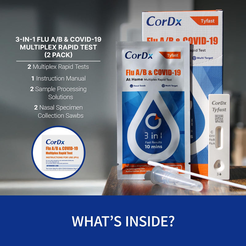 CorDx TyFast at Home Flu A/B & COVID-19 Multiplex Rapid Test Kit, Easy, Accurate, Fast Results in 10 Minutes, 3 in 1 Combo Kit, 2 Tests - BeesActive Australia