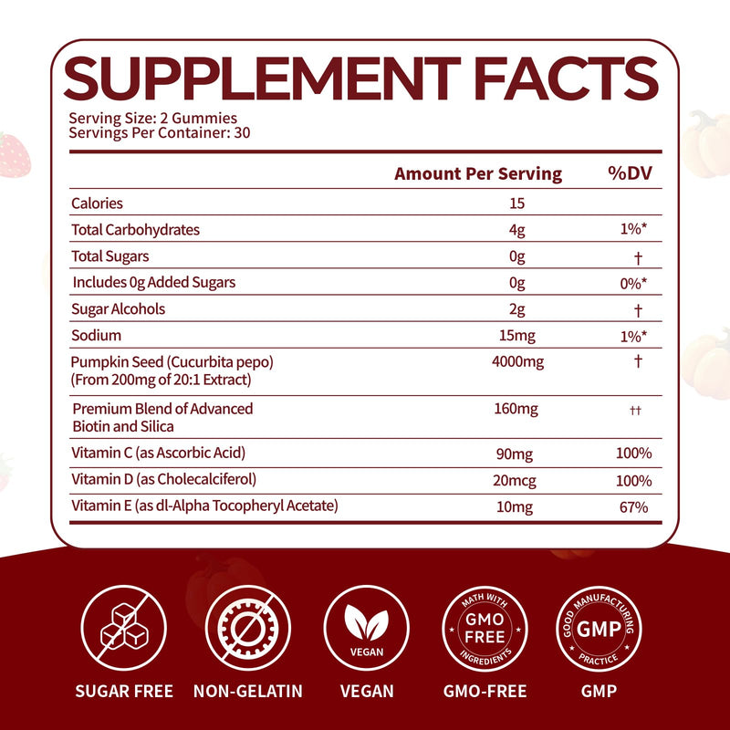 4000mg Pumpkin Seed Oil Gummies with Saw Palmetto,Strawberry Flavor | Pumpkin Seed Oil Gummies with Saw Palmetto,Biotin,Vitamin C, D, E ,for Hair & Skin & Daily Overall Health