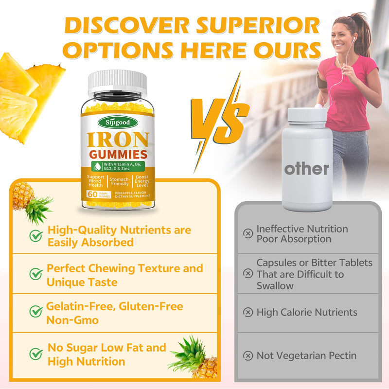 2 Pack Iron Gummies for Women & Men - Vegan Iron Supplement for Anemia & Iron Deficiency, with Vitamin B12, Vitamin C, Zinc, Folate - Energy Boost, Sugar-Free, Pineapple Flavor, 120 Count 60 Count (Pack of 2)
