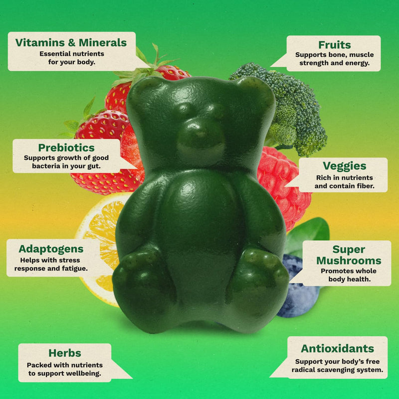 Adult Greens Gummies Sugar Free Multivitamin & Prebiotic Fiber, 10 ct | Daily Supplement for Men and Women with Vitamins, Minerals, Adaptogens, Fiber 10 Count (Pack of 1)
