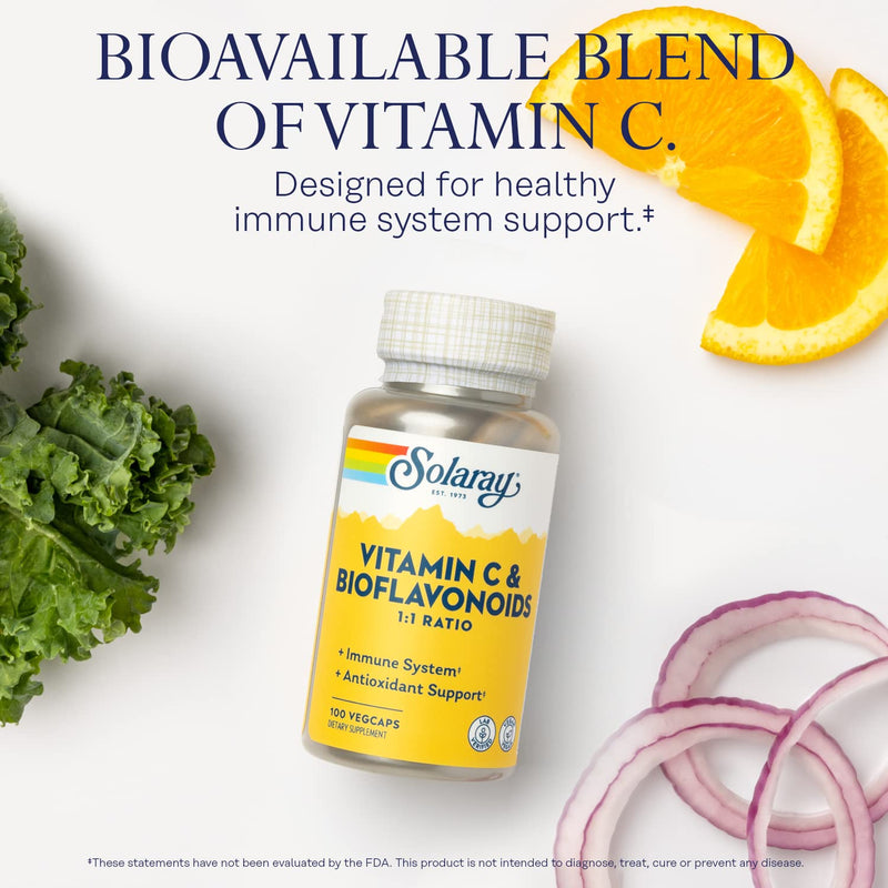 SOLARAY Vitamin C 500 mg with Citrus Bioflavonoids, 100 VegCaps | Immune, Antioxidant & Cellular Support, 1:1 Vitamin C & Citrus Bioflavonoids, 50 Servings, Vegan & Lab Verified 100 Count (Pack of 1)