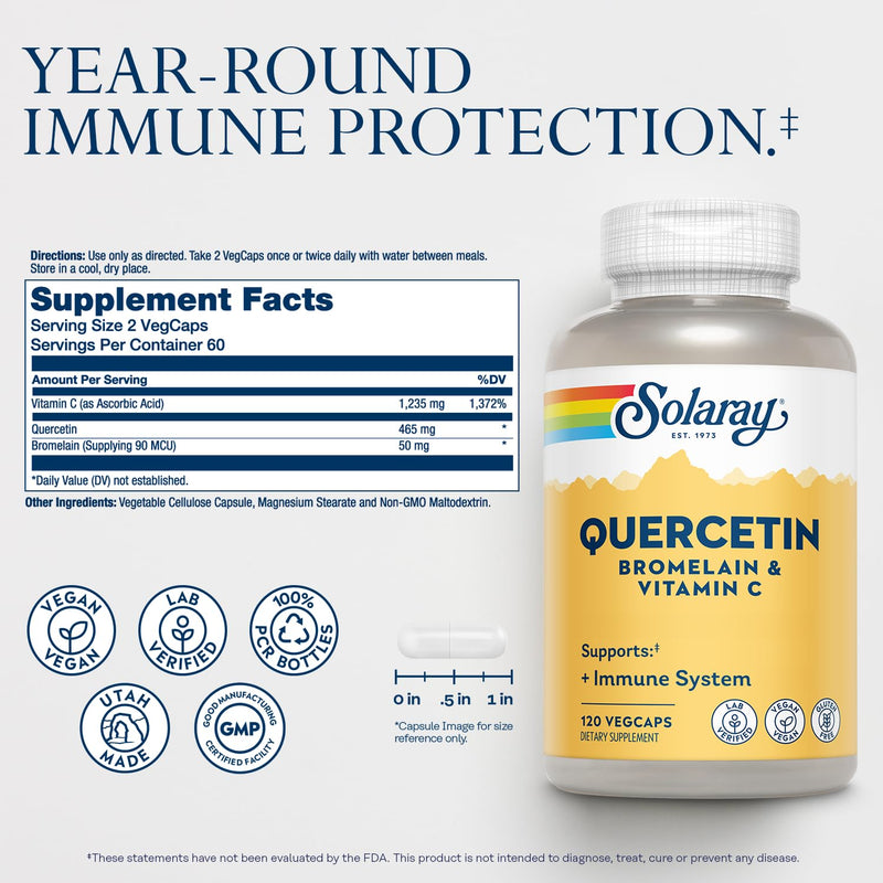 SOLARAY Quercetin Bromelain & Vitamin C, 120 VegCaps | Immune, Sinus & Antioxidant Support - Quercetin 500 mg, Vitamin C 1,235 mg - 60 Servings - Vegan, Lab Verified 120 Count (Pack of 1)