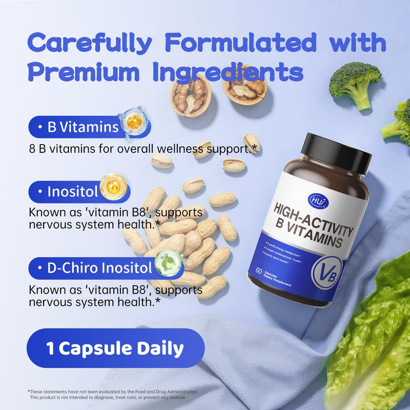 HUJ High-Activity B Vitamins - Supports Normal Energy Metabolism & Nerve System Health - Supplement with 8 B Vitamins, Inositol and D-Chiro Inositol - 60 Capsules.