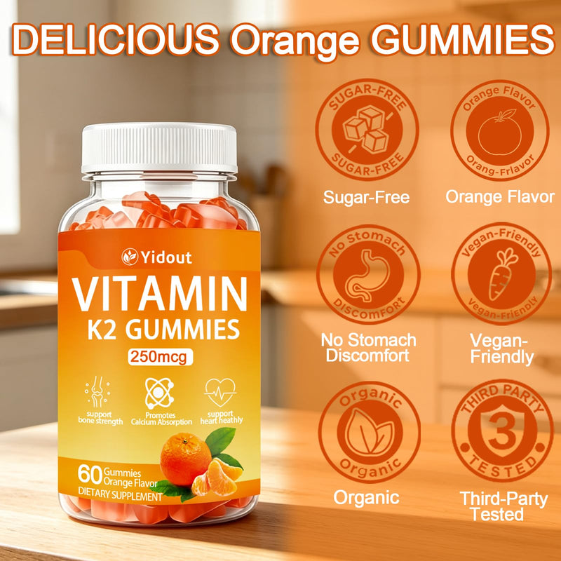 Vitamin K2 Gummies Orange Flavor, Bone & Heart Wellness Support for Adults 60 Count (Pack of 1)