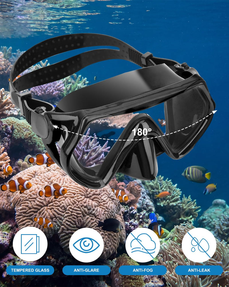 Snorkeling Gear for Adults, Dry Snorkel Mask Set, Scuba Diving Snorkle mask Set Adult, Panoramic Wide View Anti-Fog Dive mask, Swimming Diving Snorkeling Packages BLACK - BeesActive Australia