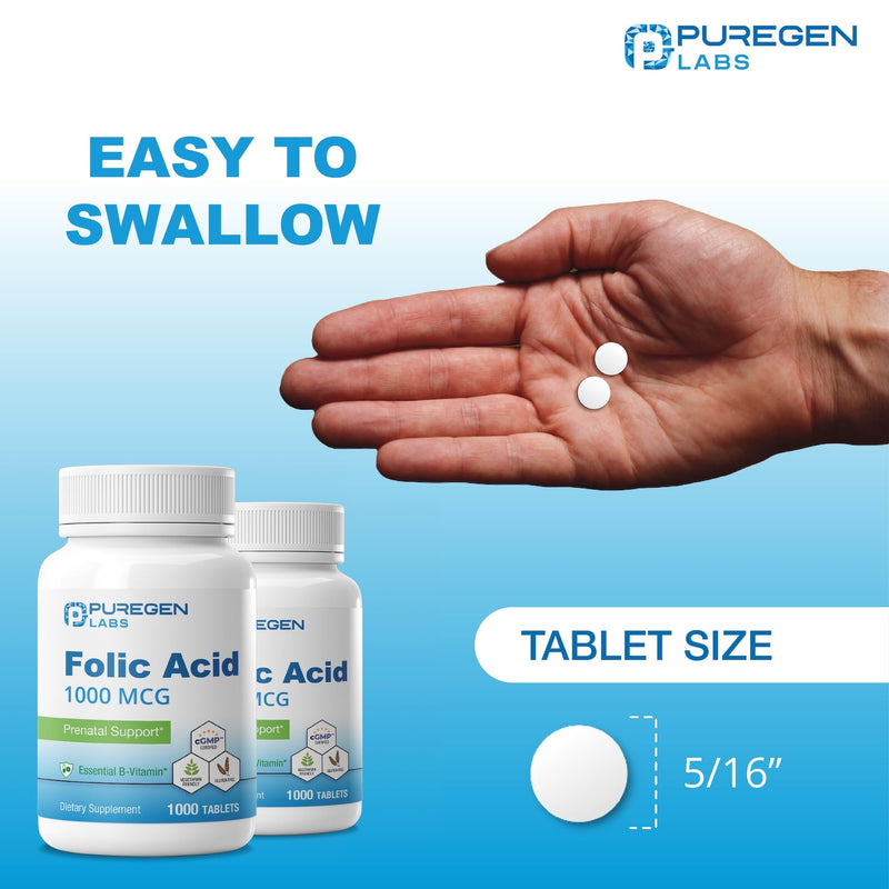 Puregen Labs Folic Acid 1000 mcg Tablets | Vitamin B9 | Non-GMO | Gluten Free | Value Size 1000 Tablets